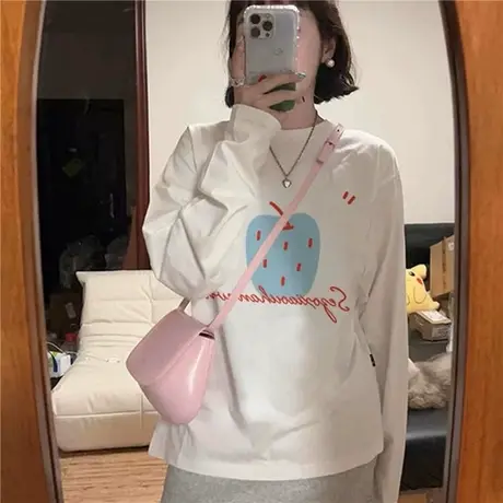 蓝苹果印花长袖t恤纯棉女秋季新款韩系穿搭宽松慵懒内搭外穿上衣图片