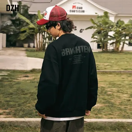 男士美式黑色卫衣男圆领春秋情侣装印花上衣2023新款潮牌秋装外套商品大图