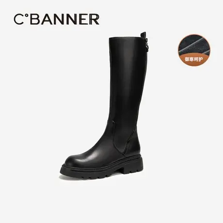 千百度厚底加绒骑士靴女款百搭冬季气质黑色真皮保暖瘦瘦靴长靴图片