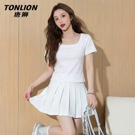 唐狮官方方领短袖女t恤夏2026新款夏季小个子修身短款正肩上衣VB图片