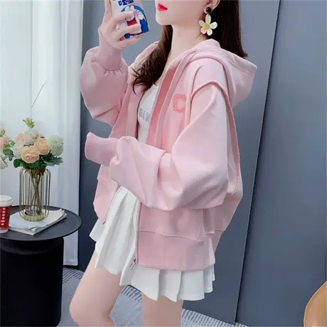 粉色短款小个子炸街卫衣开衫女秋季2023新款宽松运动休闲百搭外套商品大图