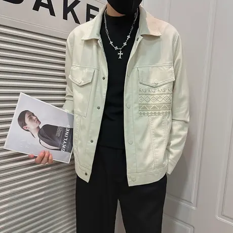 简约皮衣外套男秋冬新款个性印花口袋痞帅高级感机车服皮夹克上衣图片