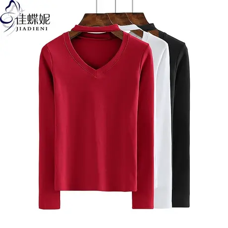 秋冬新款V领挂脖纯欲修身显瘦纯棉红色纯色长袖体恤上衣女打底衫商品大图