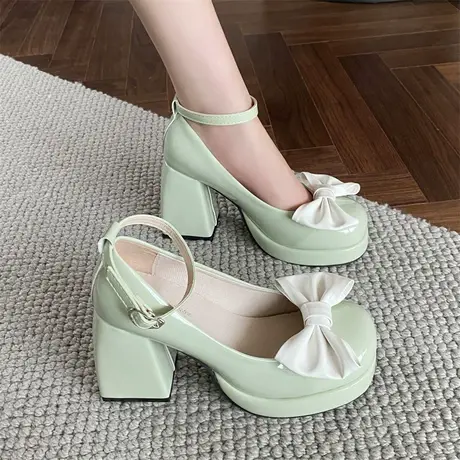 玛丽珍鞋女2023年春秋季新款蝴蝶结小个子温柔单鞋粗跟浅口高跟鞋商品大图