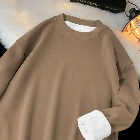 450g美式重磅卫衣男秋冬款加绒加厚圆领上衣服摇粒绒无帽长袖t恤商品大图