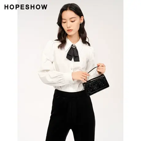 红袖outlets纯色单排扣翻领衬衫hopeshow2023冬设计感领结小上衣商品大图