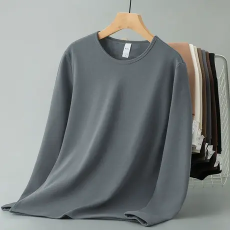 长袖t恤男秋冬季加绒加厚保暖内搭上衣服纯色打底衫圆领秋衣小衫商品大图