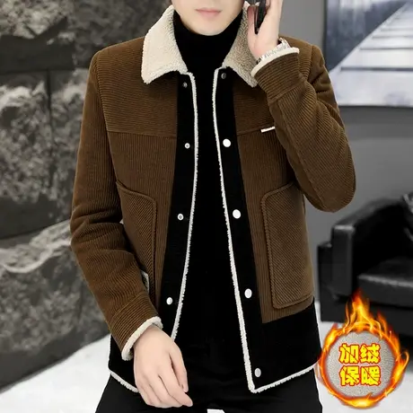 冬天潮牌羊羔绒毛领保暖外套男士加绒加厚灯芯绒时尚休闲痞帅夹克商品大图