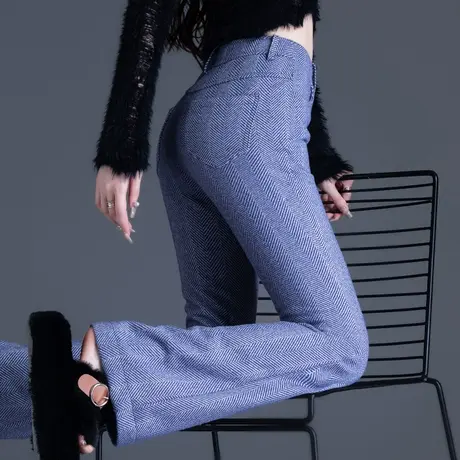 人字纹毛呢裤女秋冬季2023新款微喇呢子裤子长裤休闲裤加厚喇叭裤图片