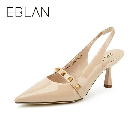 伊伴春季女鞋新款真皮铆钉甜酷休闲舒适单鞋黑色尖头高跟鞋凉鞋女图片