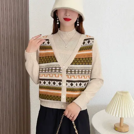 假两件软糯针织衫法式复古提花半高领毛衣女2023年秋冬新款上衣商品大图