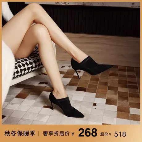 熙漫2023秋冬新款黑色法式经典尖头细跟及踝靴加绒百搭高跟靴子女图片