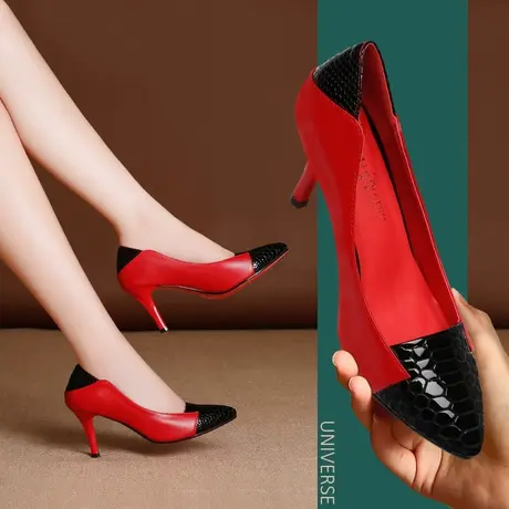 春季新款真皮尖头女鞋红皮鞋软皮浅口红色高跟鞋女细跟单鞋女图片