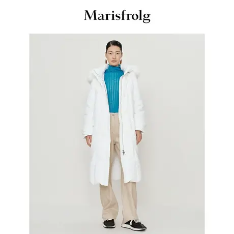 【长款风衣羽绒服】玛丝菲尔冬季新款白色连帽毛领长款羽绒服商品大图
