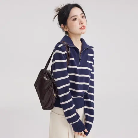 尔给设计感套头宽松半拉链条纹毛衣女秋冬2023新款外穿慵懒针织衫商品大图