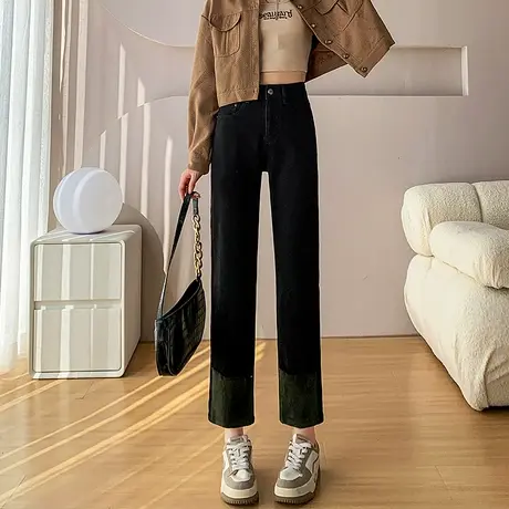 黑色直筒牛仔裤女加绒秋冬宽松高腰显瘦小个子拼接九分翻边烟管裤商品大图