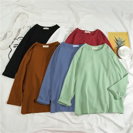 2024新款韩版百搭宽松外穿春秋衣纯色长袖内搭T恤打底衫上衣女装商品大图