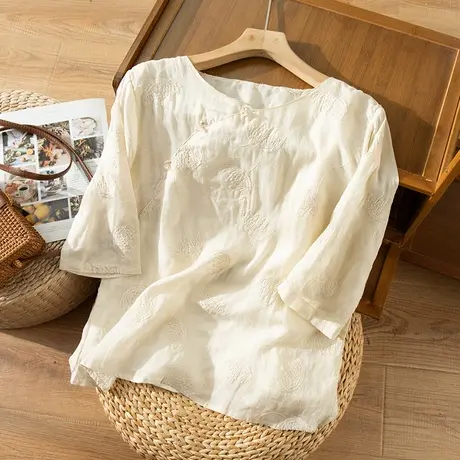 享永子短袖刺绣苎麻上衣女文艺复古宽松显瘦棉麻衬衫2023春夏新款图片