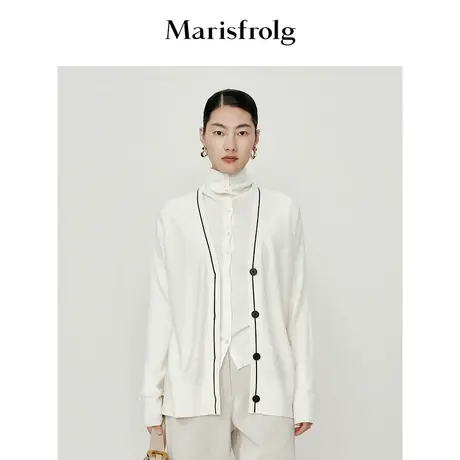 【商场同款】玛丝菲尔毛衣秋季新款米白色V领侧缝系扣羊毛针织衫商品大图