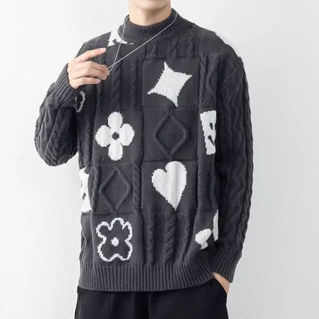 半高领毛衣男士韩版潮流扭花提花休闲毛线衣青春流行羊毛衫针织衫商品大图