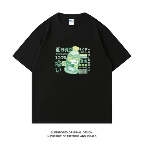 夏季小清新清凉柠檬水趣味印花纯棉短袖t恤男宽松休闲半袖体恤衫商品大图