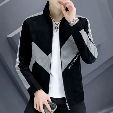 灯芯绒外套男士2023新款潮牌刺绣字母上衣春秋季拼色帅气休闲夹克商品大图