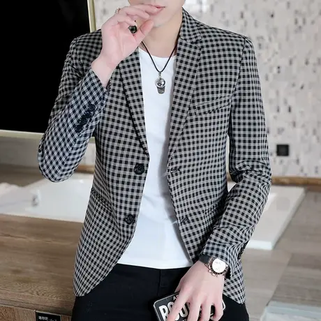 百搭西服男休闲韩版帅气潮流格子小西装两粒扣时尚单西上衣服外套商品大图