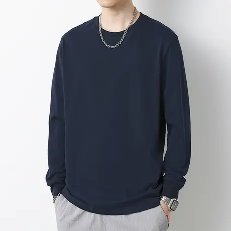 重磅纯棉长袖t恤男春秋款圆领上衣服宽松内搭打底衫纯色全棉体恤商品大图