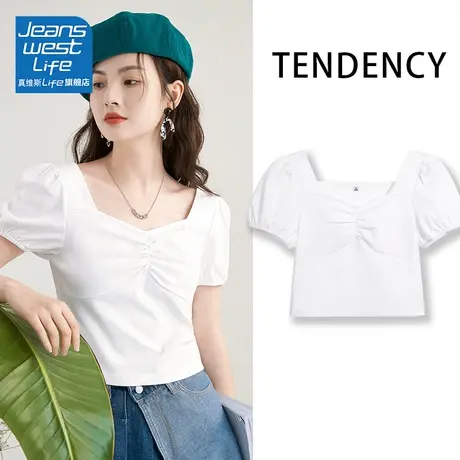 真维斯LIFE短款t恤女夏方领抽褶短袖2023年新款体恤法式甜辣上衣V商品大图