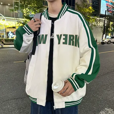 美式复古棒球服外套男秋季新款潮牌宽松条纹夹克衫青少年痞帅上衣商品大图