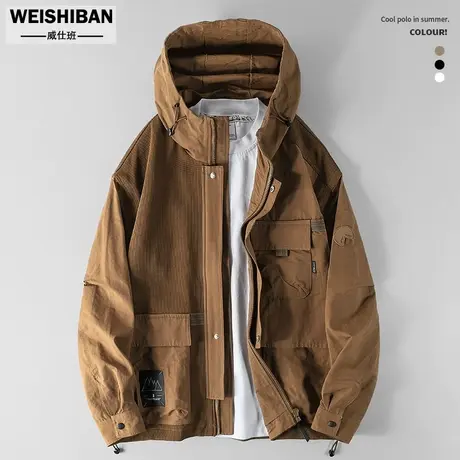 秋季连帽机能口袋冲锋衣男外套时尚拼接工装防风拉链痞帅休闲夹克商品大图