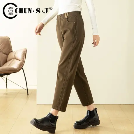 复古咖色牛仔裤女春秋2023年新款高腰直筒宽松老爹裤女哈伦裤九分商品大图