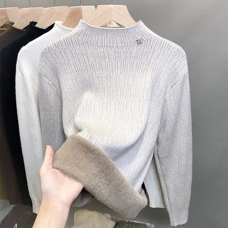 加绒半高领毛衣女一体绒加厚打底衫2023秋冬新款针织衫内搭上衣潮商品大图