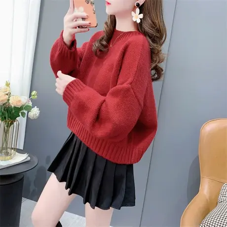 慵懒设计感纯色圆领套头毛衣女秋冬新款韩版宽松小个子针织衫上衣商品大图