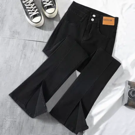 黑色开叉微喇牛仔裤女春秋2023年新款高腰显瘦百搭裤子喇叭裤子潮图片