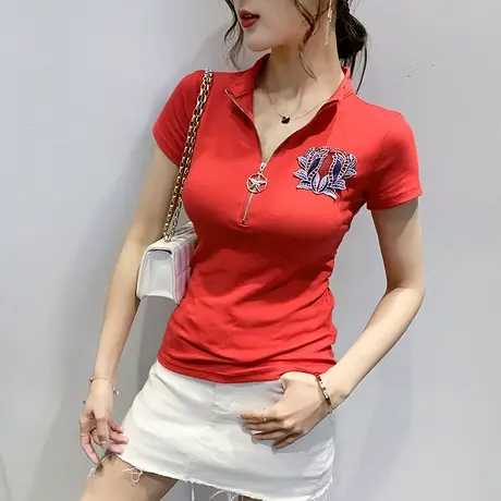 时尚刺绣T恤女短袖夏装网纱拼接美背镂空上衣洋气百搭拉链小衫潮商品大图