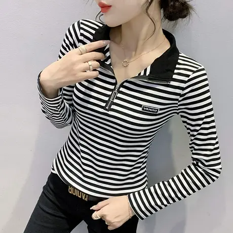 2024秋冬新款加绒条纹T恤修身拉链立领上衣洋气百搭打底衫女长袖商品大图