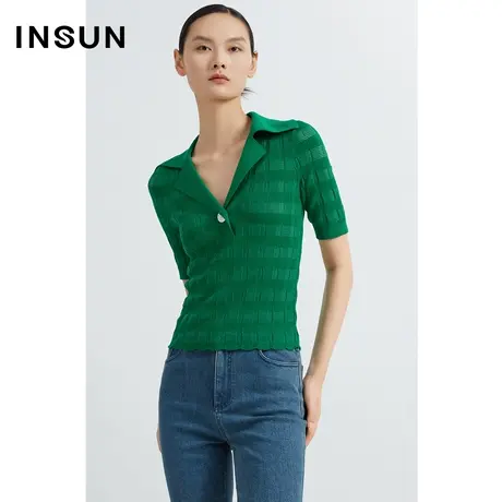 INSUN恩裳线上专选春季显瘦翻领休闲针织衫商品大图