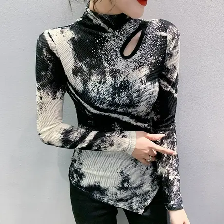 水墨画网纱打底衫女长袖性感镂空收腰气质上衣不规则半高领T恤ins图片