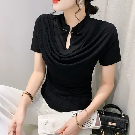 性感镂空短袖T恤女复古中国风夏装气质垂感上衣修身收腰百搭小衫图片