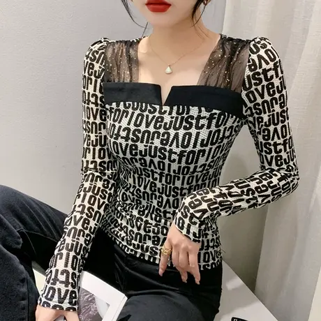 网纱拼接打底衫女长袖2024秋季新款性感修身上衣重工烫钻印花T恤商品大图