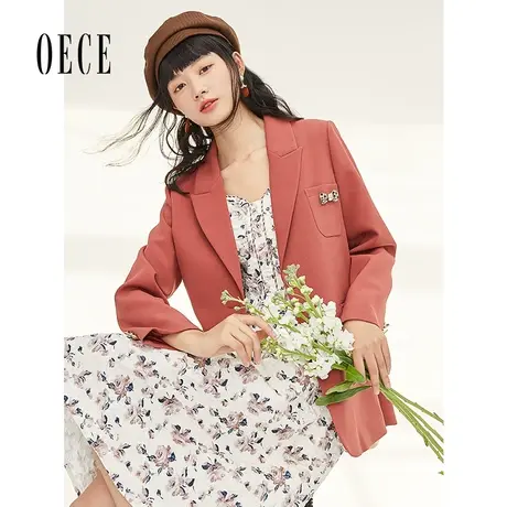 Oece复古气质粉色小西装春秋新款女装修身帅气西服外套图片