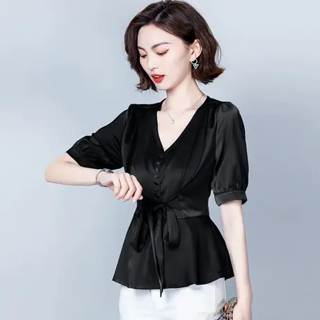 漂亮时尚收腰短袖夏季上衣雪纺衫新款2023洋气减龄高贵打底小衫女商品大图