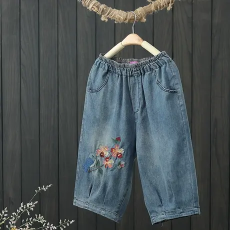 夏季新品民族风刺绣牛仔五分裤女宽松显瘦中裤休闲百搭薄款哈伦裤图片