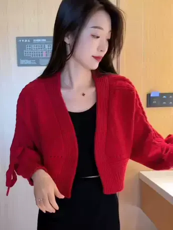 2023网红爆款气质甜美显瘦针织系带灯笼袖开衫毛衣时尚短款针织衫商品大图