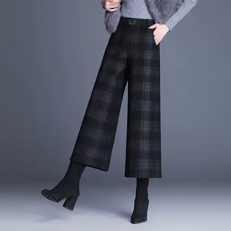 秋冬格纹毛呢阔腿裤女2023年新款高腰宽松垂坠感直筒裤休闲长裤冬商品大图