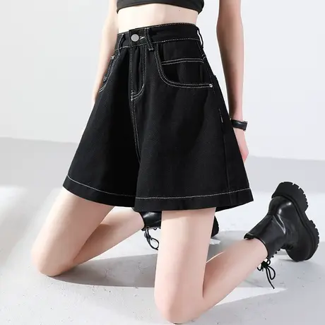 黑色牛仔短裤女夏季薄款2023年新款五分裤女夏高腰宽松阔腿中裤女商品大图