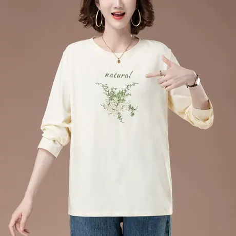 长袖T恤女春秋新款宽松加肥大码女装中年妈妈休闲刺绣显瘦打底衫商品大图