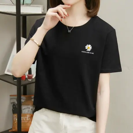 纯棉T恤小雏菊t恤女短袖2022年夏季新款韩版宽松显瘦圆领黑色体恤图片