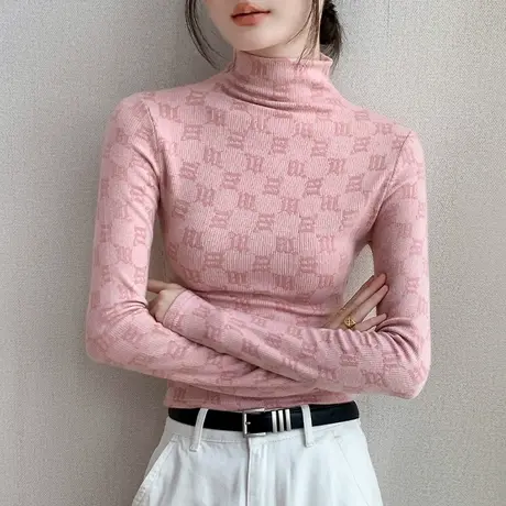 半高领打底衫女2023秋冬新款韩版修身字母提花欧货内搭长袖T恤女图片
